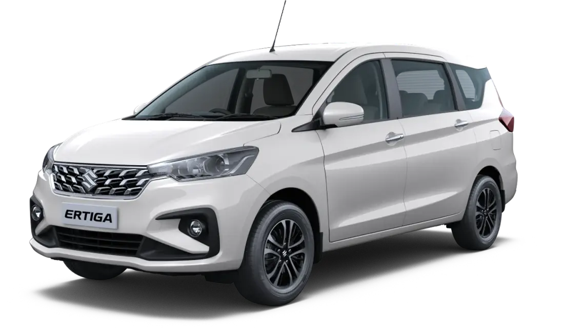 White Maruti Suzuki Ertiga MUV, three-quarter front view